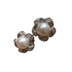 Nadri Flower Stud Earrings Silver Pearl Floral Crystal Classic Elegant